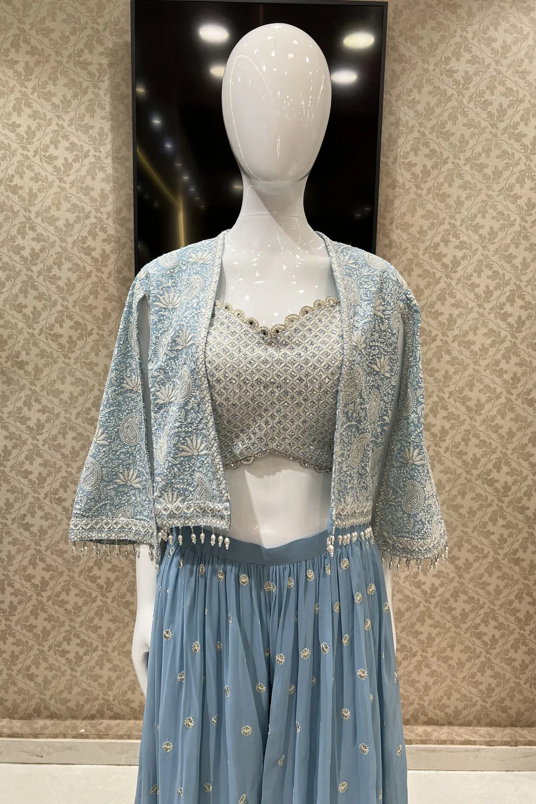 Sky Blue Chickankari and Sequins work Crop Top with Overcoat Styled Palazzo Suit Set