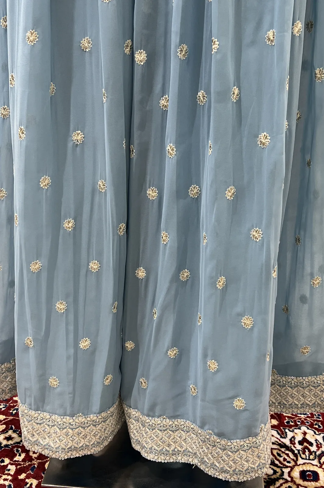 Sky Blue Chickankari and Sequins work Crop Top with Overcoat Styled Palazzo Suit Set