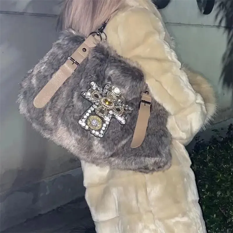 Sohiwoo Plush Large Capacity Tote Bag Women Y2k Grunge Subculture Brown Handbag Ladies Vintage Casual Crossbody Bag Bolso Mujer