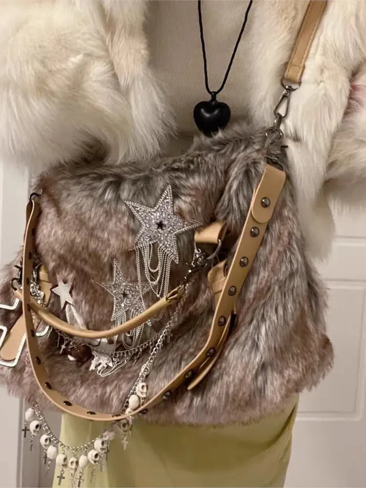 Sohiwoo Plush Large Capacity Tote Bag Women Y2k Grunge Subculture Brown Handbag Ladies Vintage Casual Crossbody Bag Bolso Mujer