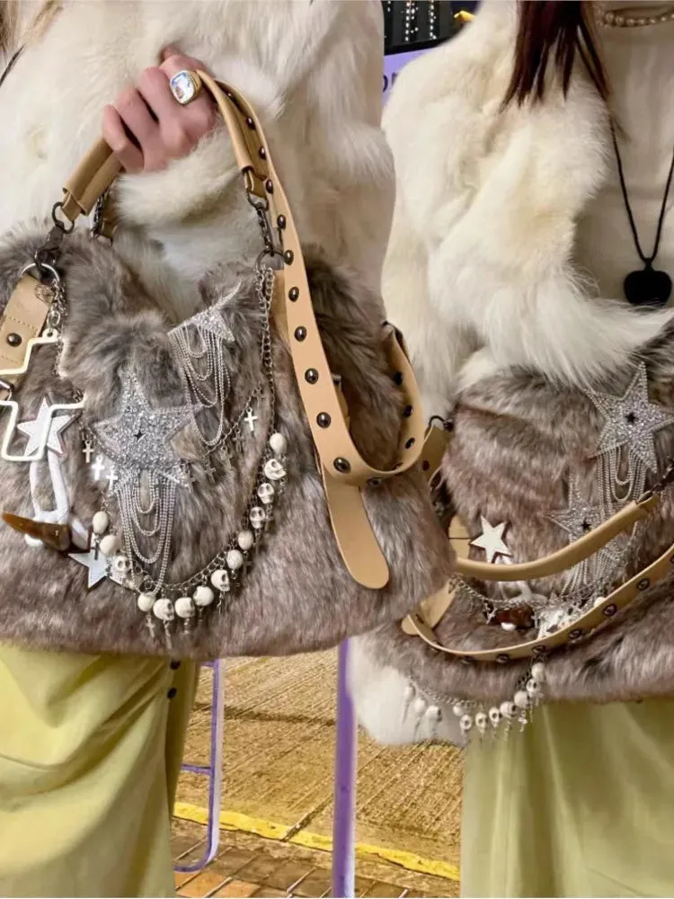 Sohiwoo Plush Large Capacity Tote Bag Women Y2k Grunge Subculture Brown Handbag Ladies Vintage Casual Crossbody Bag Bolso Mujer