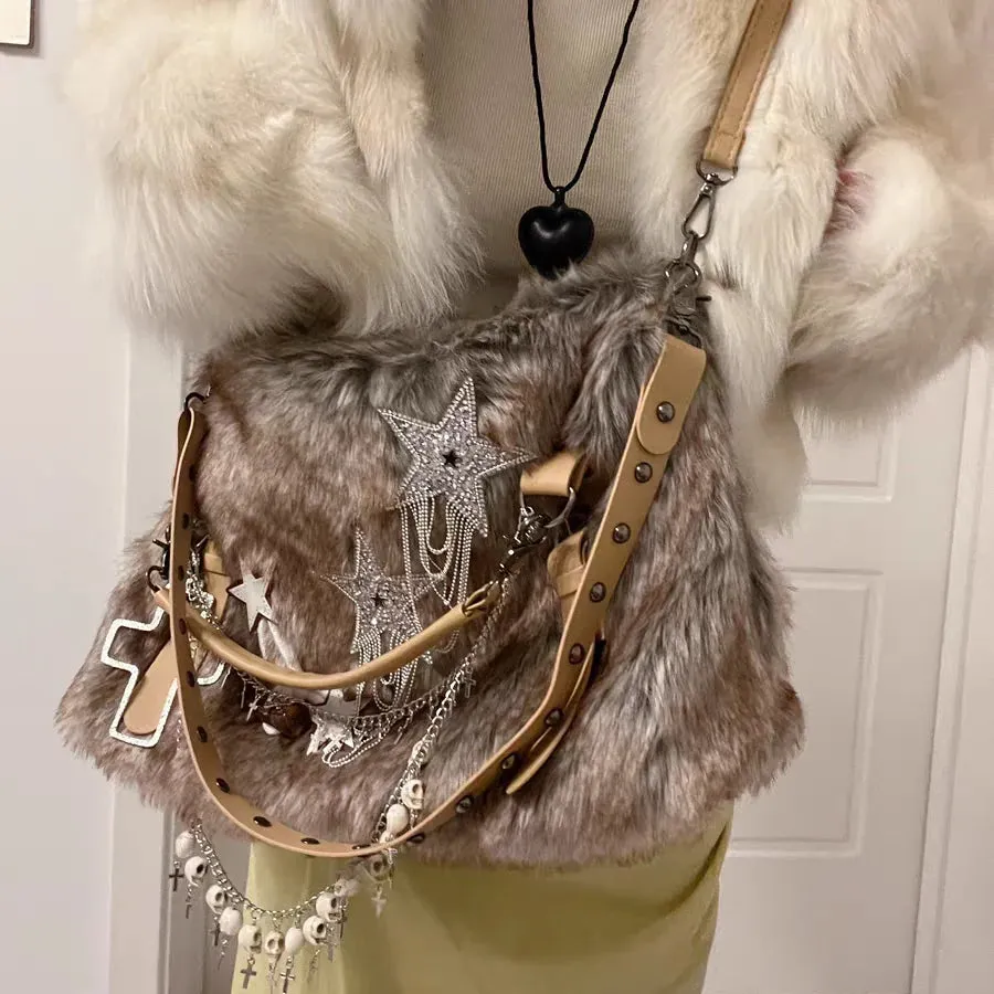 Sohiwoo Plush Large Capacity Tote Bag Women Y2k Grunge Subculture Brown Handbag Ladies Vintage Casual Crossbody Bag Bolso Mujer