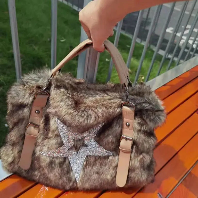 Sohiwoo Plush Large Capacity Tote Bag Women Y2k Grunge Subculture Brown Handbag Ladies Vintage Casual Crossbody Bag Bolso Mujer
