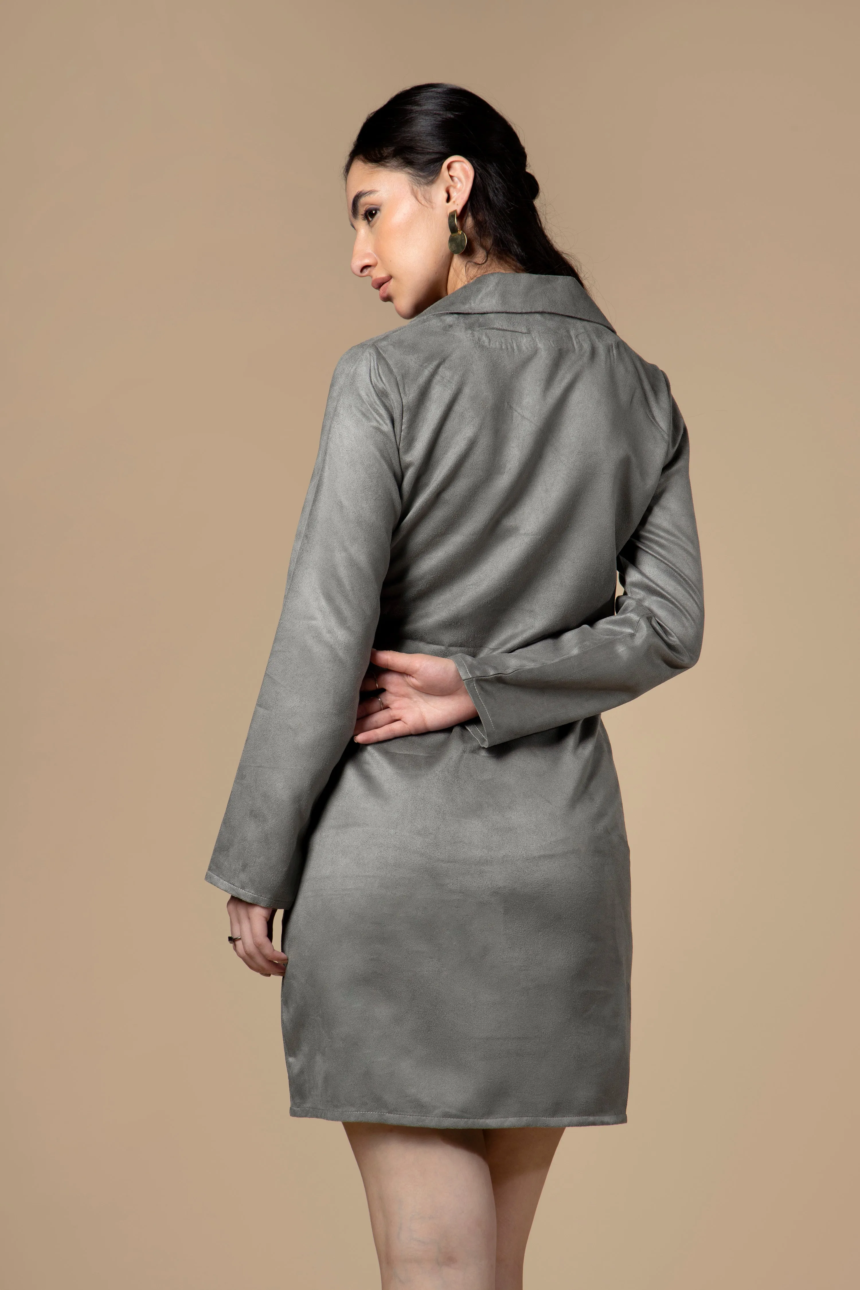 Solid Grey Wrap Suede Blazer Dress For Women