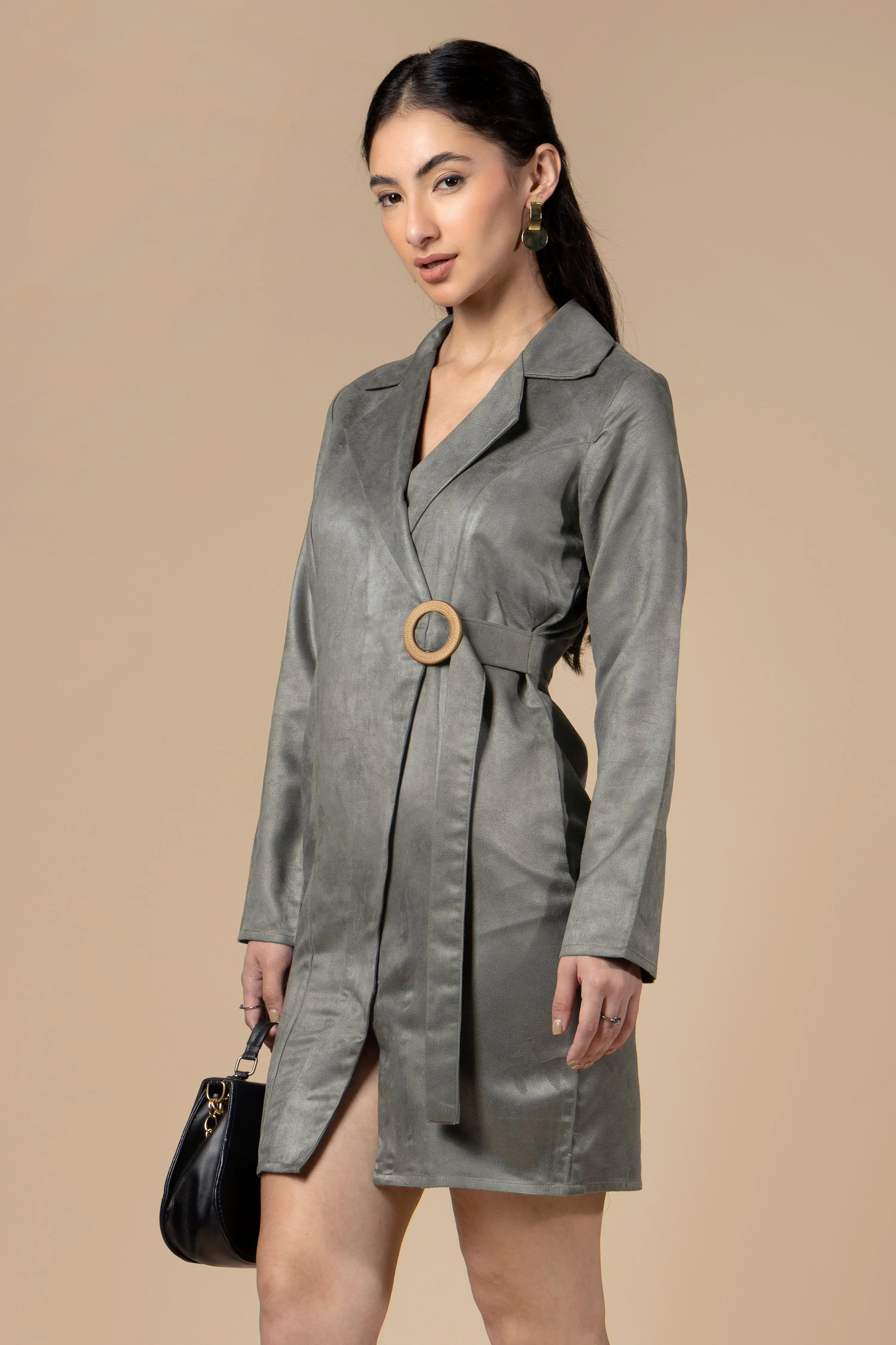 Solid Grey Wrap Suede Blazer Dress For Women