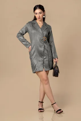Solid Grey Wrap Suede Blazer Dress For Women