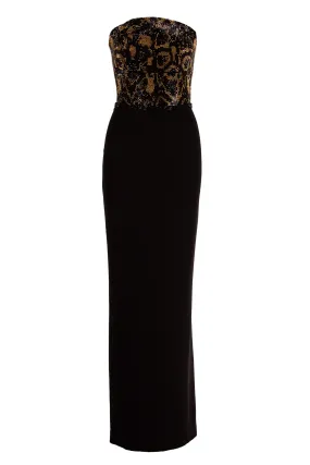STRAPLESS LEOPARD CRYSTAL GOWN WITH LEATHER BACK