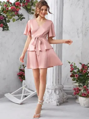 Surplice Neck Flutter Sleeve Double Layer Ruffle Hem Satin Dress