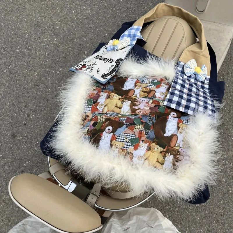 TAVIMART  -  Fur Patchwork Vintage Plaid Shoulder Bags Sweet Y2k Cartoon Bear Chic Bow Handbags Casual Women Harajuku Ins Grunge Underarm Bag