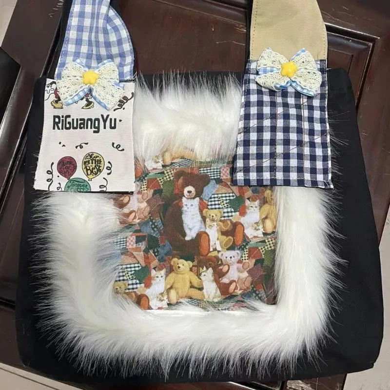 TAVIMART  -  Fur Patchwork Vintage Plaid Shoulder Bags Sweet Y2k Cartoon Bear Chic Bow Handbags Casual Women Harajuku Ins Grunge Underarm Bag