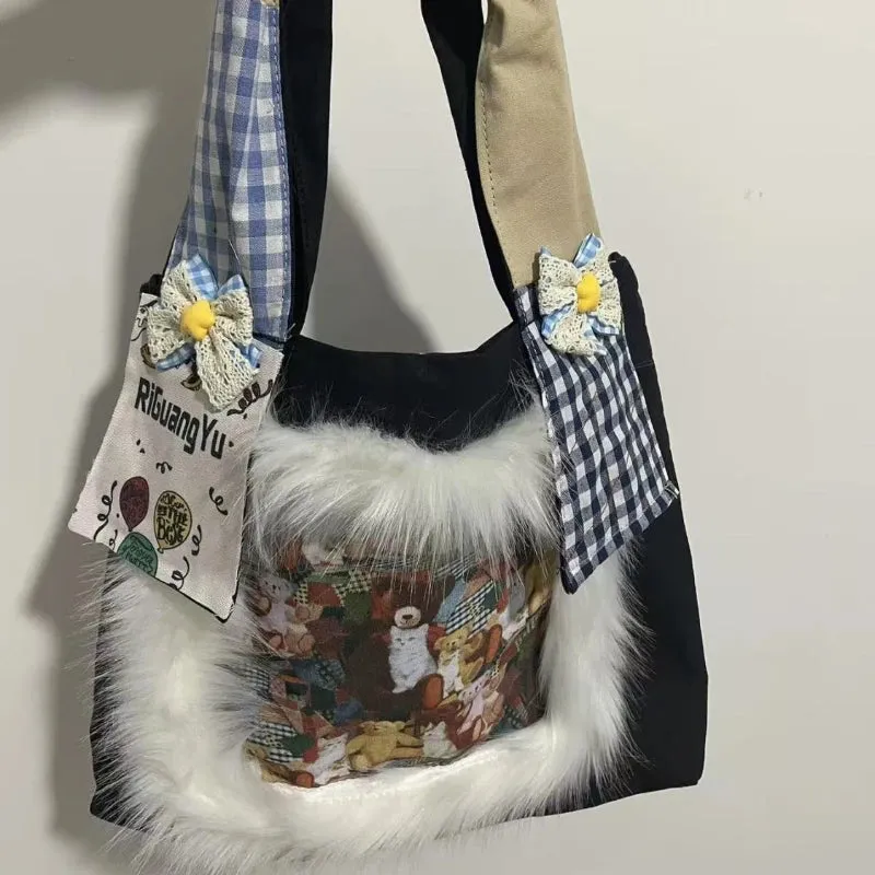 TAVIMART  -  Fur Patchwork Vintage Plaid Shoulder Bags Sweet Y2k Cartoon Bear Chic Bow Handbags Casual Women Harajuku Ins Grunge Underarm Bag
