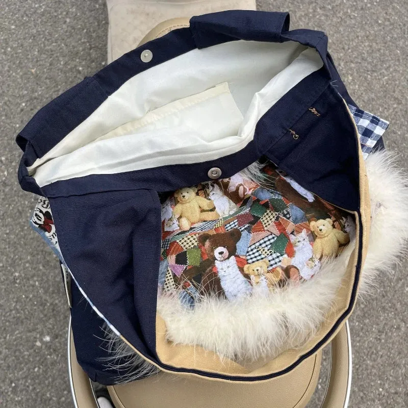 TAVIMART  -  Fur Patchwork Vintage Plaid Shoulder Bags Sweet Y2k Cartoon Bear Chic Bow Handbags Casual Women Harajuku Ins Grunge Underarm Bag