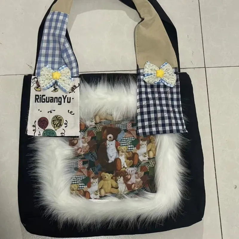 TAVIMART  -  Fur Patchwork Vintage Plaid Shoulder Bags Sweet Y2k Cartoon Bear Chic Bow Handbags Casual Women Harajuku Ins Grunge Underarm Bag