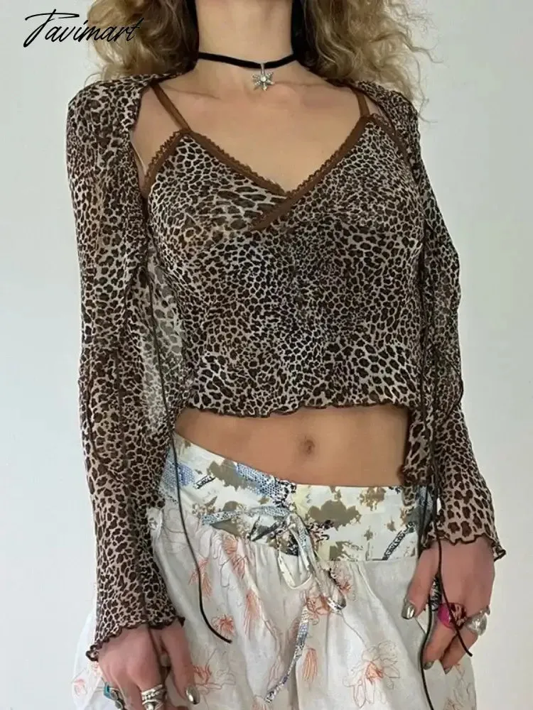 TAVIMART  -  Leopard Crop Cardigans Grunge 2 Piece Set Women Bandage Harajuku Cardigan Sleeveless Vest Suit Pull Femme Y2k Aesthetic Clothes