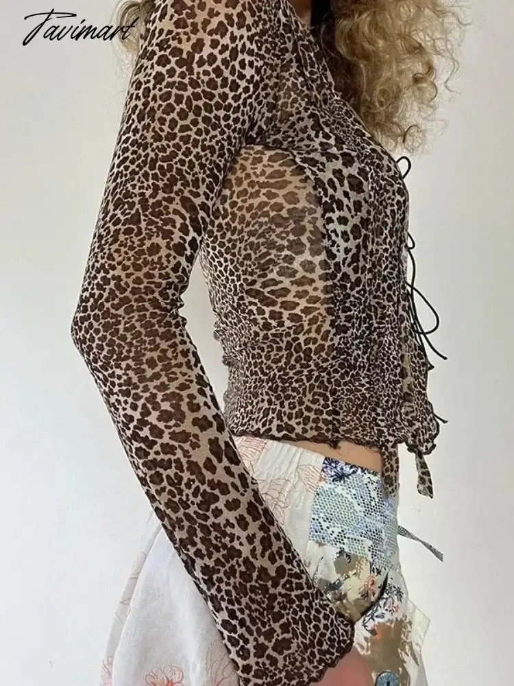 TAVIMART  -  Leopard Crop Cardigans Grunge 2 Piece Set Women Bandage Harajuku Cardigan Sleeveless Vest Suit Pull Femme Y2k Aesthetic Clothes