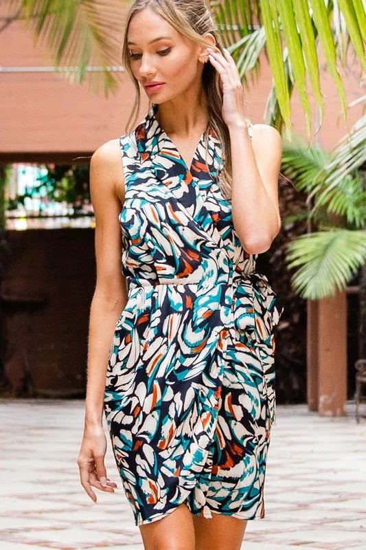 Teal Print Tie Waist Wrap Mini Dress