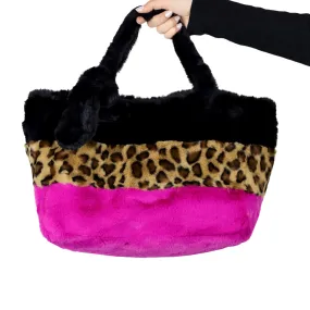 Three-Tone Faux Fur Tote - Exquisite Black, Vibrant Fuchsia, and Wild Leopard