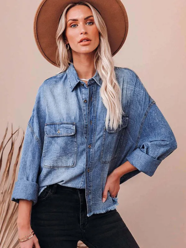 Trendy Distressed Denim Shacket with Frayed Details