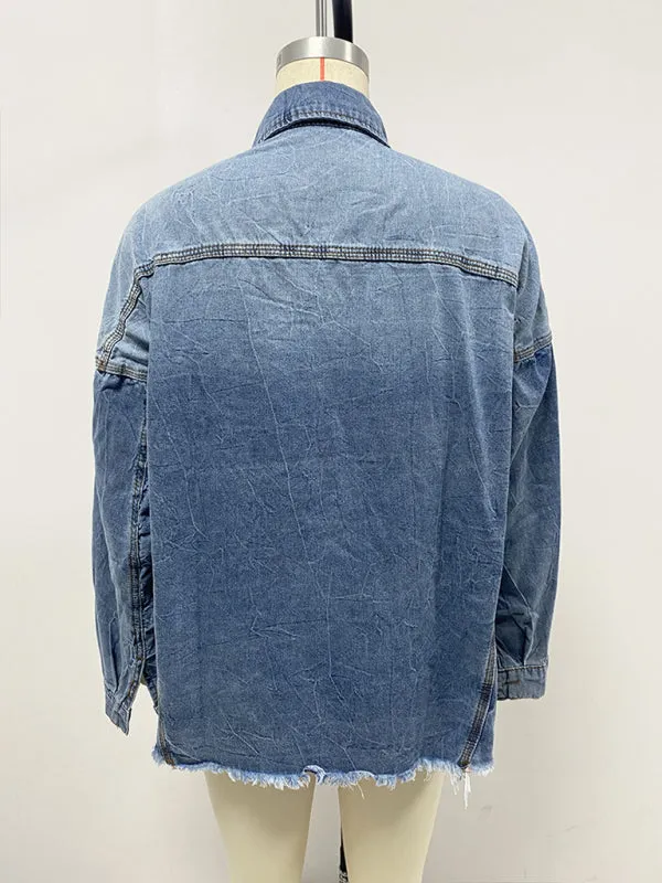 Trendy Distressed Denim Shacket with Frayed Details