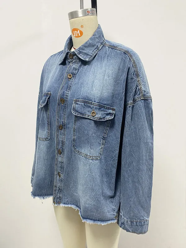 Trendy Distressed Denim Shacket with Frayed Details