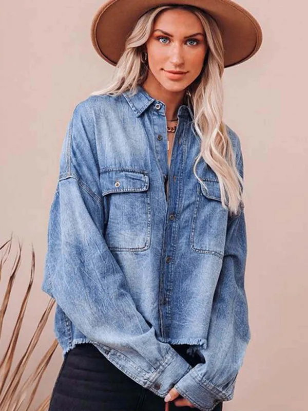 Trendy Distressed Denim Shacket with Frayed Details