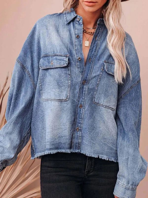 Trendy Distressed Denim Shacket with Frayed Details