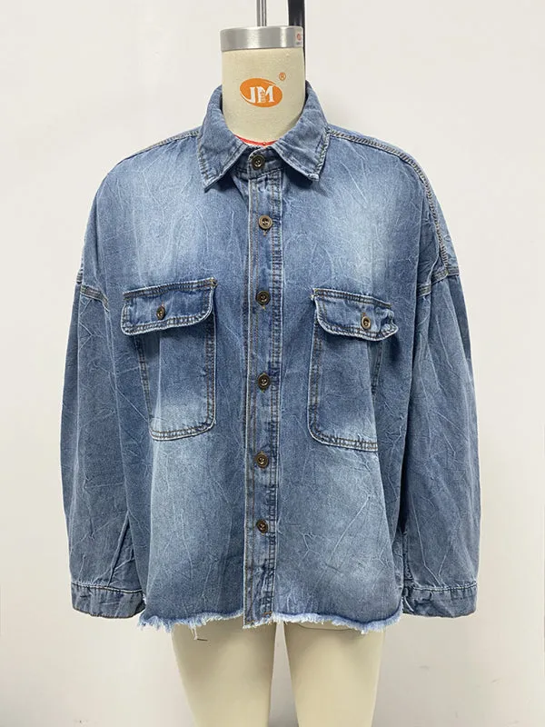 Trendy Distressed Denim Shacket with Frayed Details