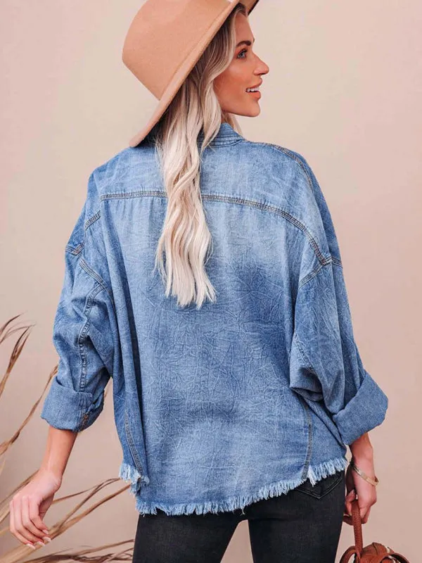 Trendy Distressed Denim Shacket with Frayed Details