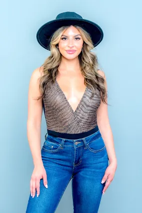 V Neck Surplice Shimmer Tiger Print Bodysuit with Plunge Back (AT-6029-2)