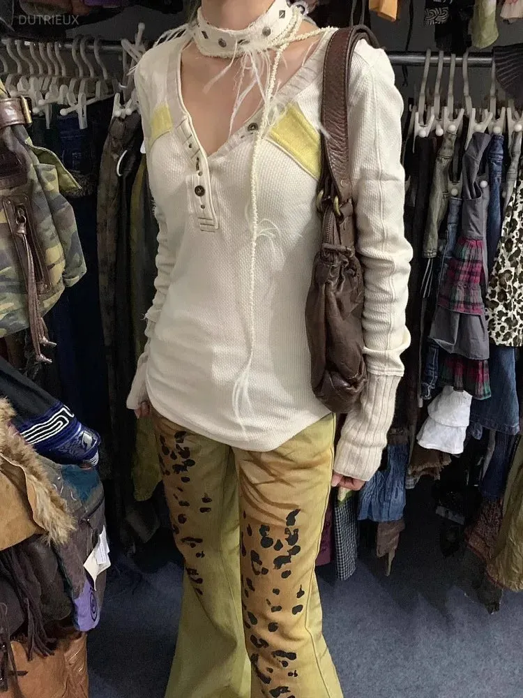 Vevesc Vintage Leopard Print Flare Pants Women Y2k Grunge Low-waisted Jeans For 2024 Spring New Zipper Loose Wide Leg