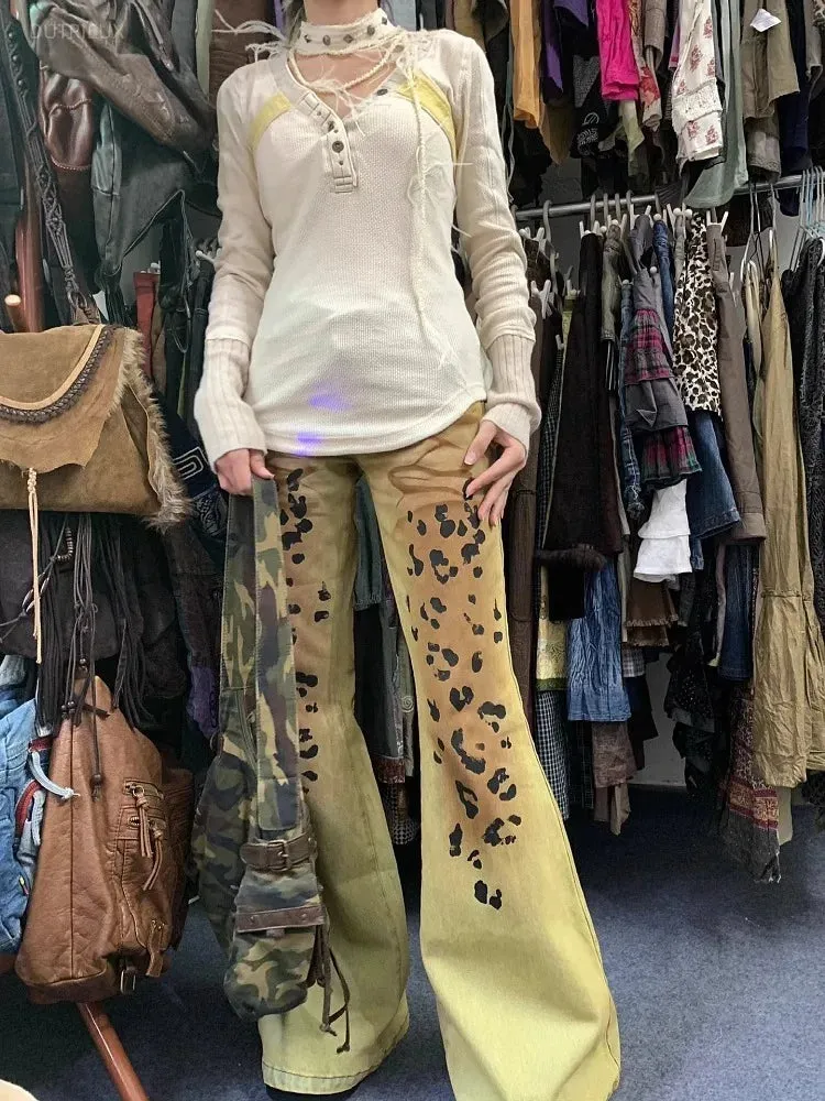 Vevesc Vintage Leopard Print Flare Pants Women Y2k Grunge Low-waisted Jeans For 2024 Spring New Zipper Loose Wide Leg