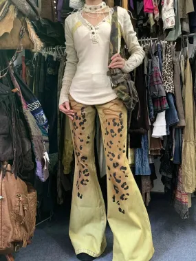 Vevesc Vintage Leopard Print Flare Pants Women Y2k Grunge Low-waisted Jeans For 2024 Spring New Zipper Loose Wide Leg