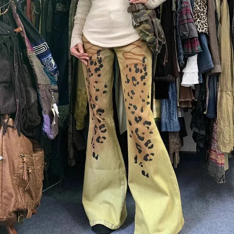 Vevesc Vintage Leopard Print Flare Pants Women Y2k Grunge Low-waisted Jeans For 2024 Spring New Zipper Loose Wide Leg