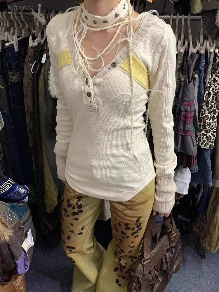 Vevesc Vintage Leopard Print Flare Pants Women Y2k Grunge Low-waisted Jeans For 2024 Spring New Zipper Loose Wide Leg