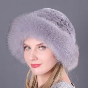 Winter warm fox fur hat Rex rabbit fur knitted hat with fox brim