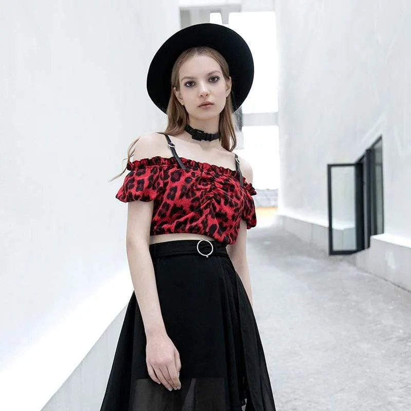 Women's Gothic Boat Neck Ruched Leopard Printed Crop Tops