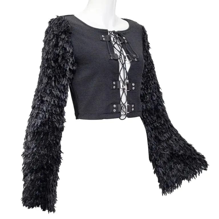 Women's Gothic Faux Fur Splice Lace-up Crop Top