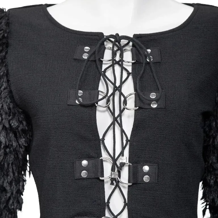 Women's Gothic Faux Fur Splice Lace-up Crop Top