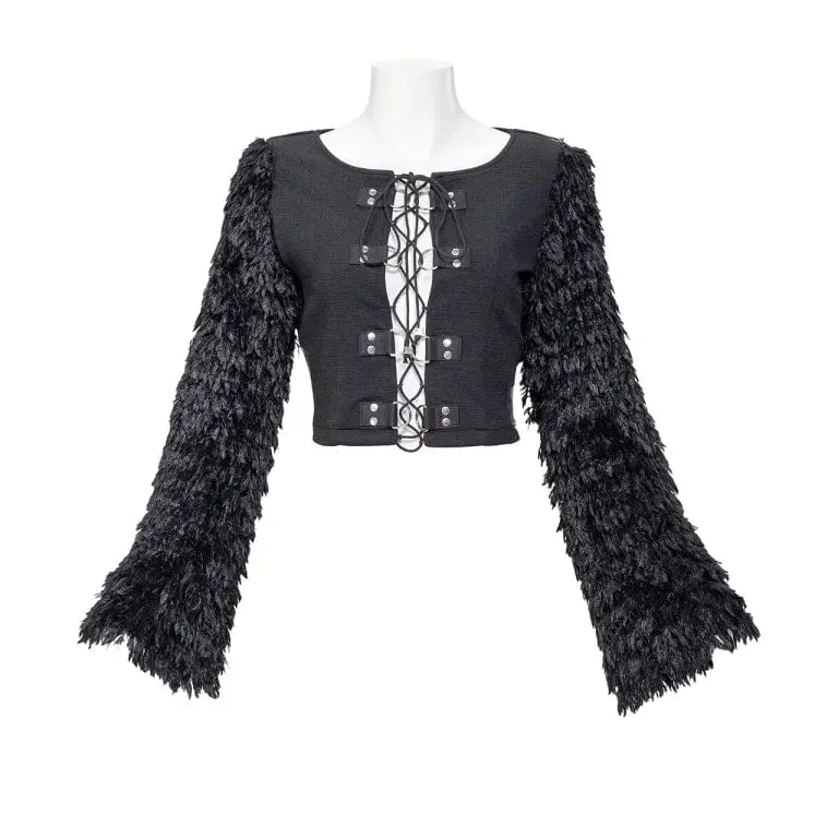 Women's Gothic Faux Fur Splice Lace-up Crop Top
