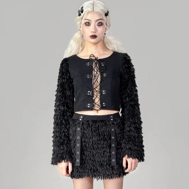 Women's Gothic Faux Fur Splice Lace-up Crop Top
