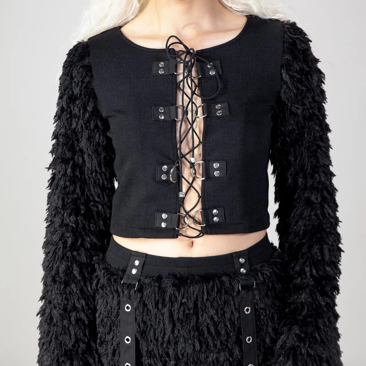Women's Gothic Faux Fur Splice Lace-up Crop Top