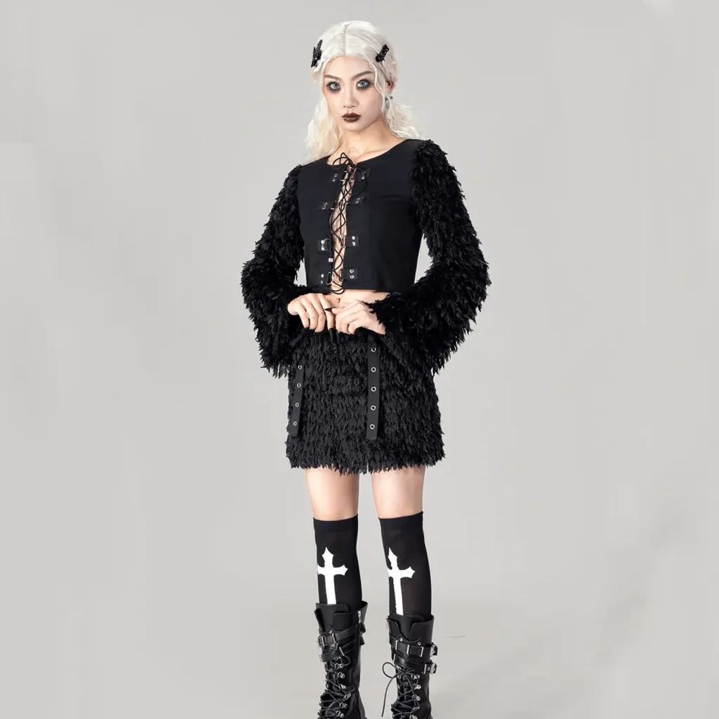 Women's Gothic Faux Fur Splice Lace-up Crop Top