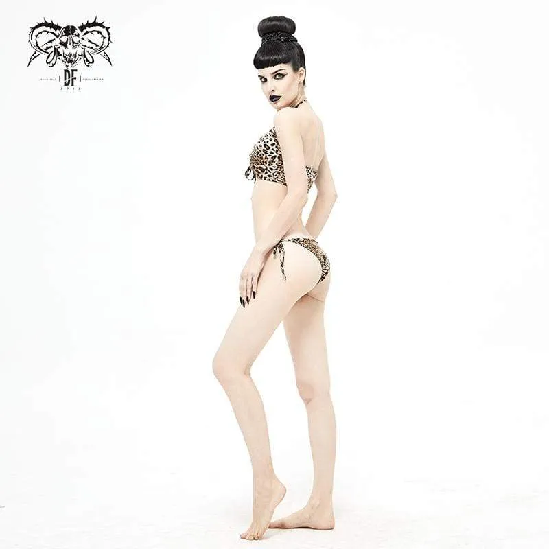Women's Grunge Leopard Printed Halterneck Side Tie Bikini
