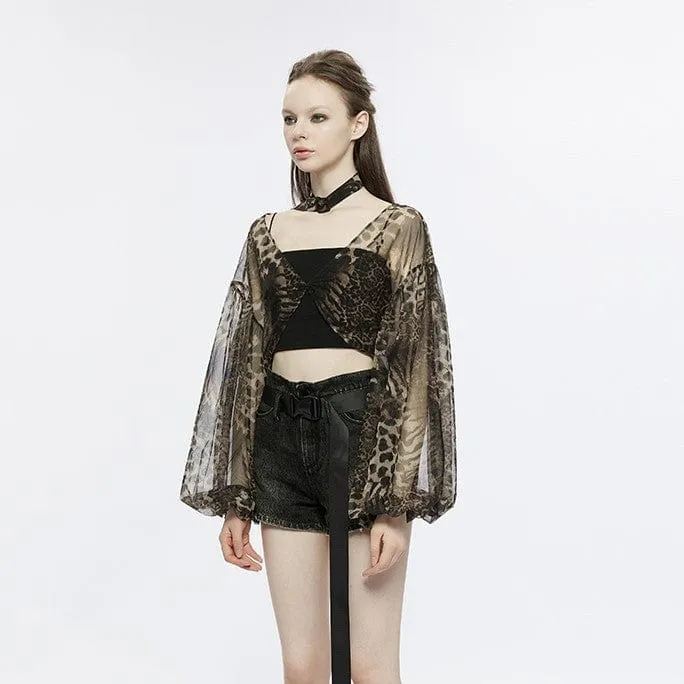 Women's Grunge Leopard Sheer Chiffon Cape with Necktie