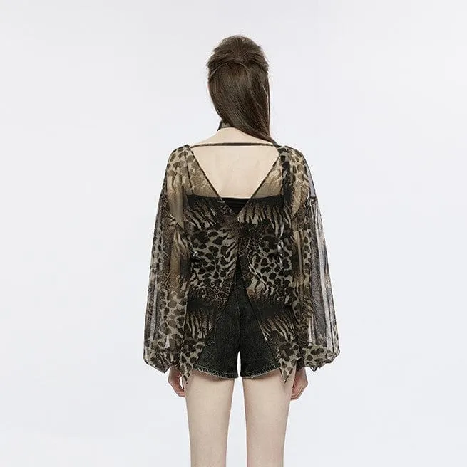Women's Grunge Leopard Sheer Chiffon Cape with Necktie