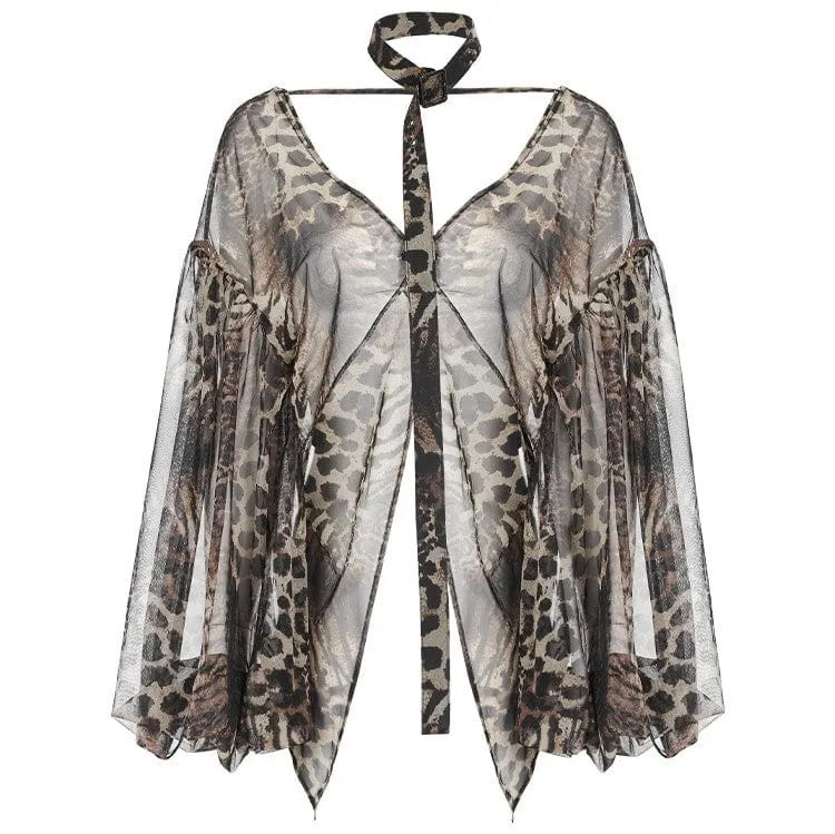 Women's Grunge Leopard Sheer Chiffon Cape with Necktie