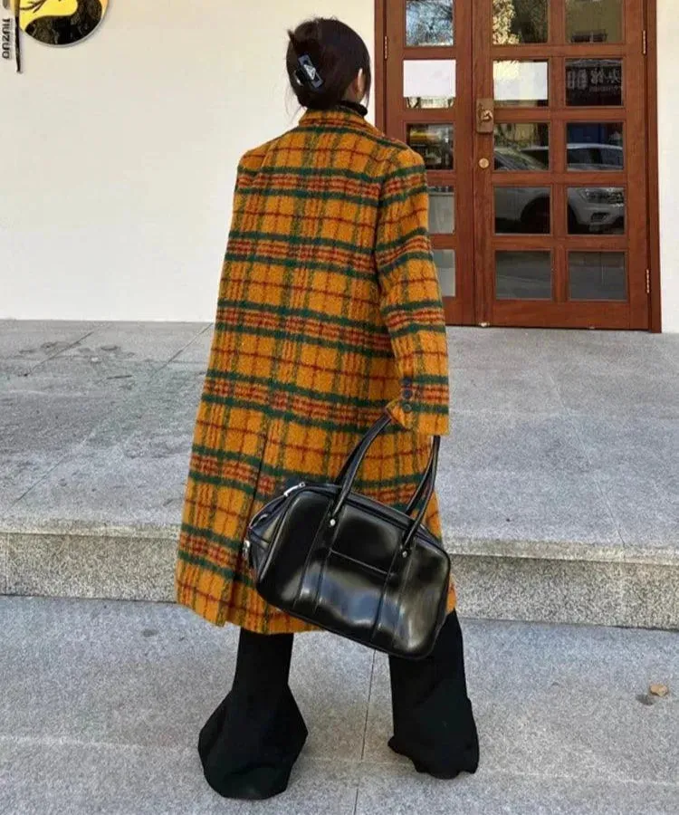 Women's Retro Plaid Trench Overcoat