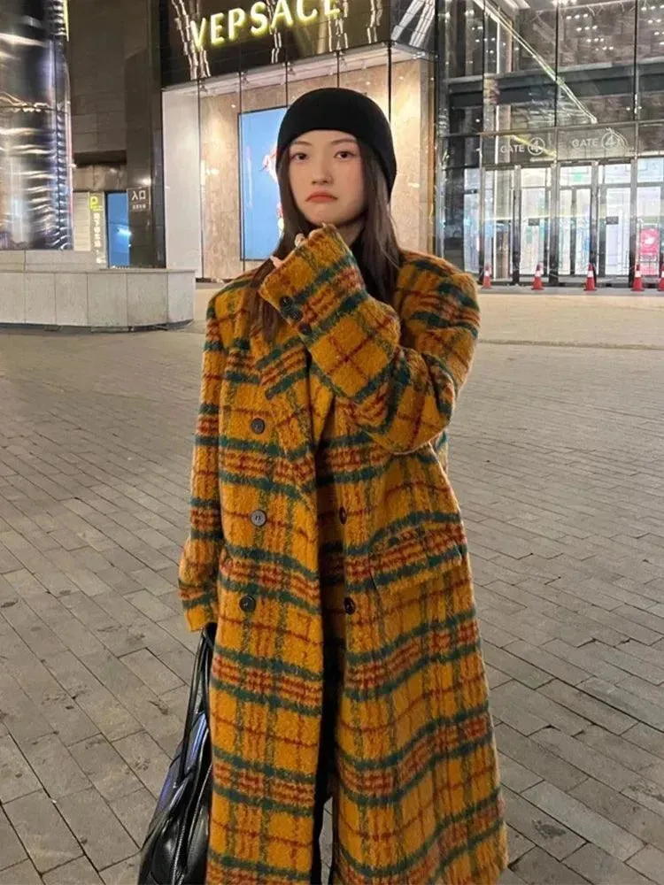 Women's Retro Plaid Trench Overcoat