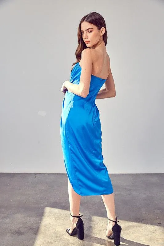 wrap strapless midi dress