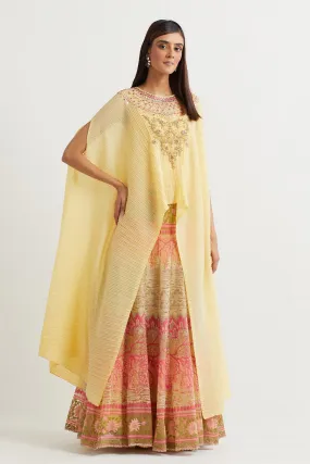 Yellow Embroidered Cape & Cross Stitch Skirt Set